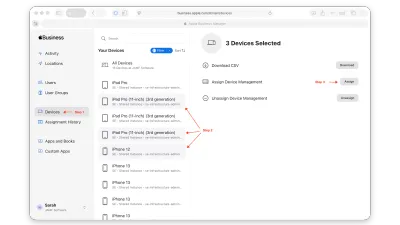 Screen shot of Apple Business Manager with the three steps outlined above to migrate multiple devices